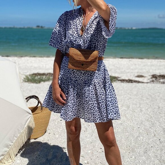 Emerson Fry ISLA MINI DRESS CHARCOAL LEOPARD ORGANIC COTTON size M/L Grey White - Picture 1 of 17